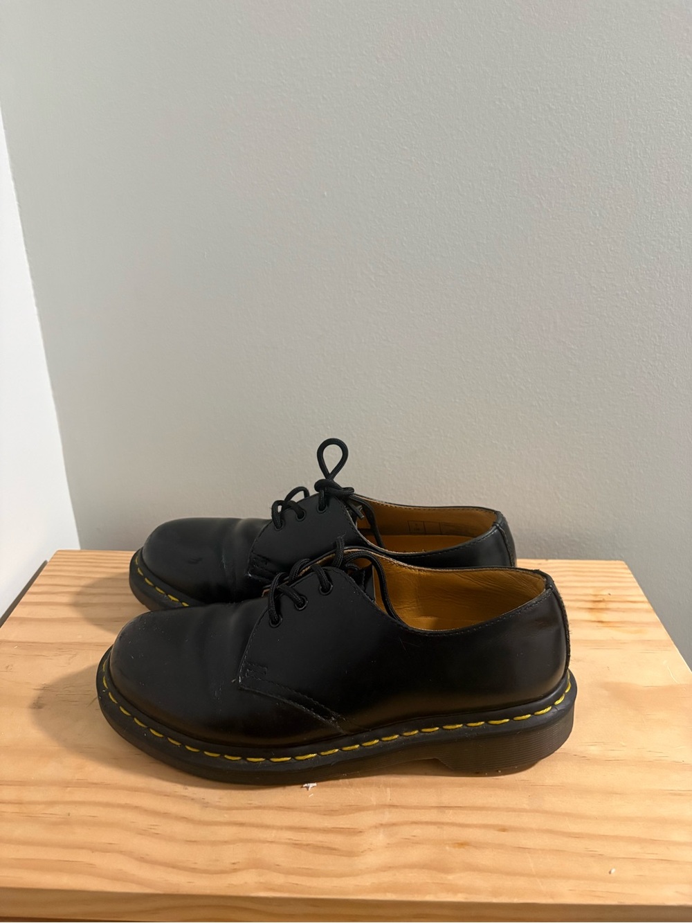 Dr. Martens Black Leather 3-Eye Oxfords with Yellow Welt Stitching